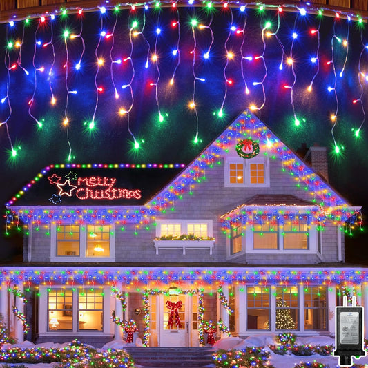 792 LED Christma Lights with 176 Drops, 82ft Outdoor Hanging lights with 8 Modes & Timer Memory, Outsite Waterproof Curtain String Lights for Front House Fence Tree Holiday Decorations Multicolor