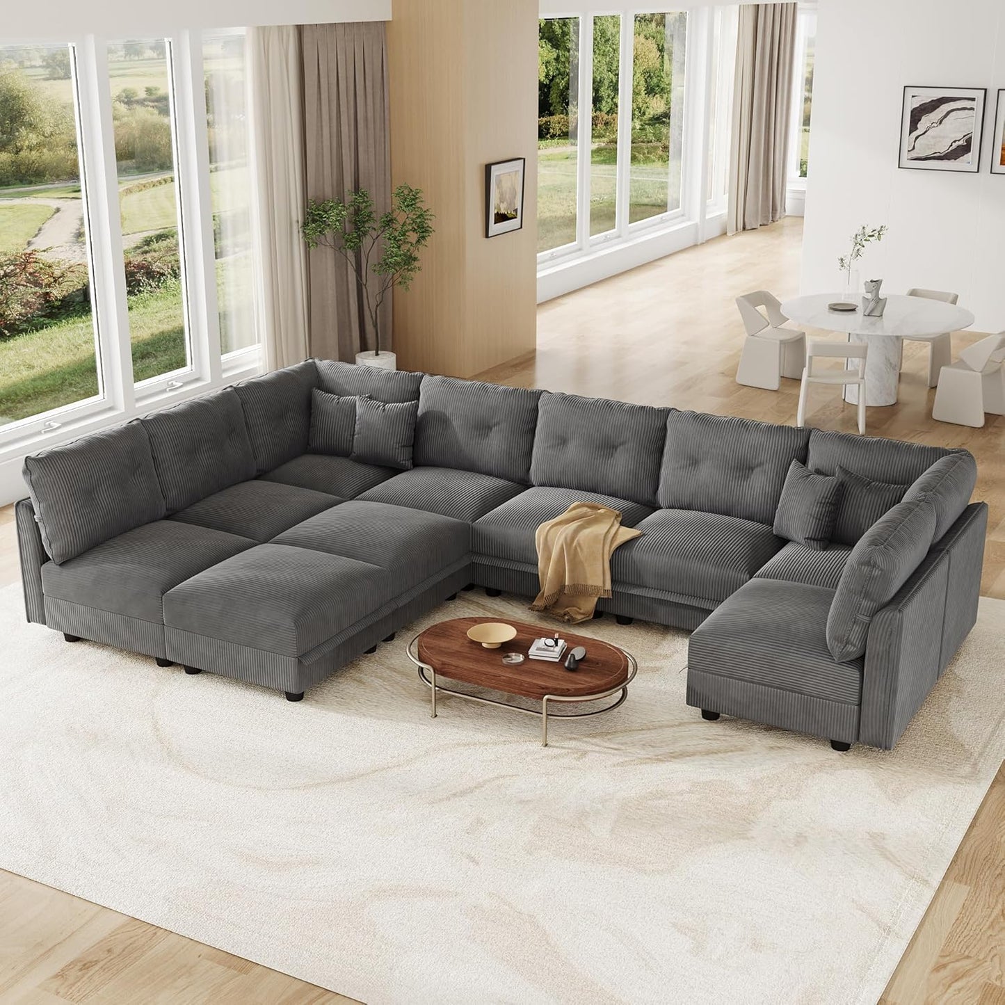 LLappuil Large Modular Sectional Sofa with Storage Seats, Corduroy U-Shaped Convertible Couch for Living Room, 10-Seat Grey Sofa Set with 10 Back Cushions & 10 Throw Pillows