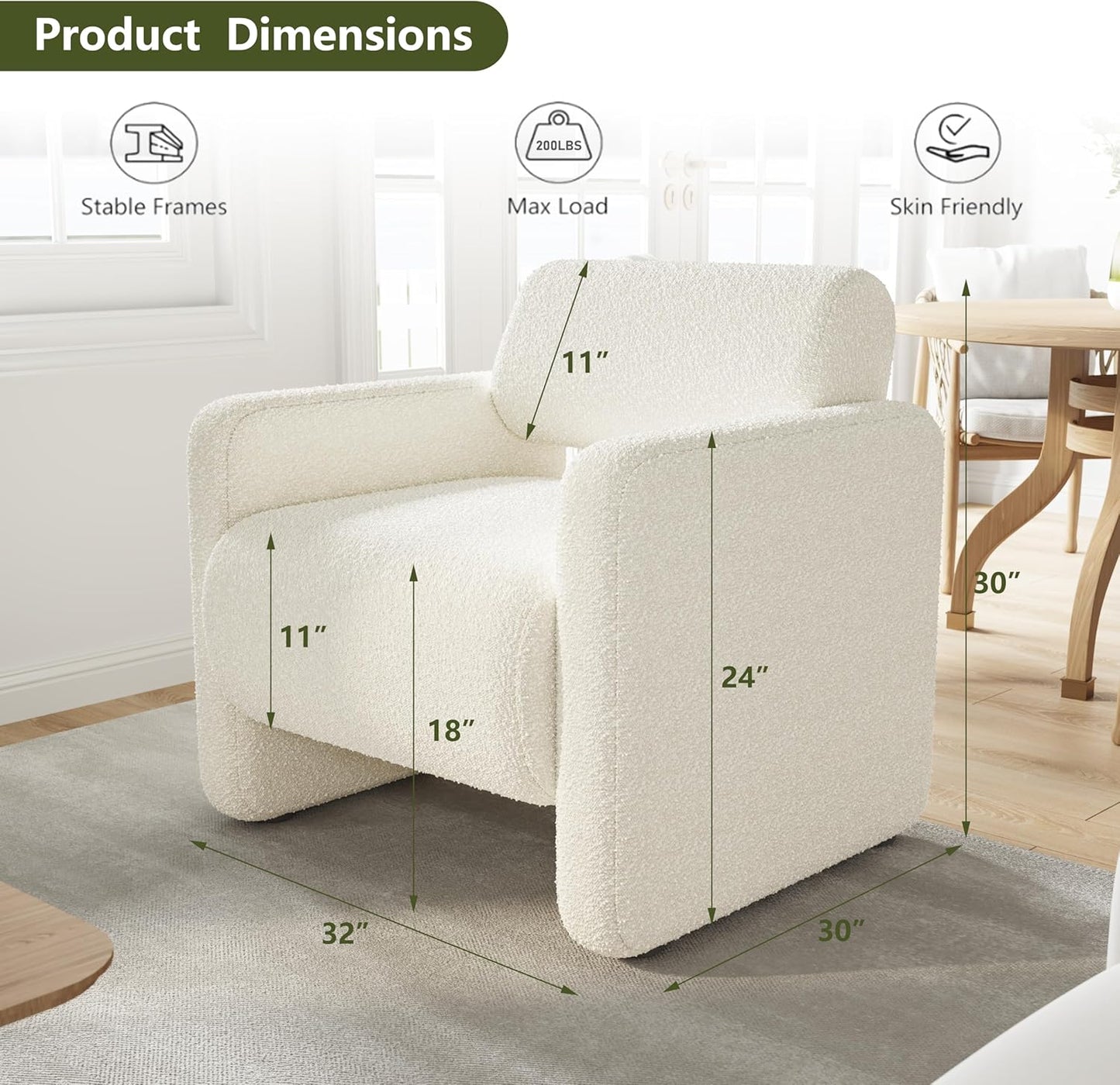 Accent Chair, Modern Boucle Fabric Armed Chair, Comfortable Single Sofa Chair for Living Room, Solid Wood Frame, Comfy Side Chair for Bedroom, Office, Reading (Beige)