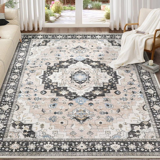 Washable Area Rugs for Living Room - 9x12 Neutral Vintage Distressed Floral Farmhouse Boho Large Soft Floor Rug Indoor Non Slip Carpet for Bedroom Dining Room Office - Pink/Dark Green