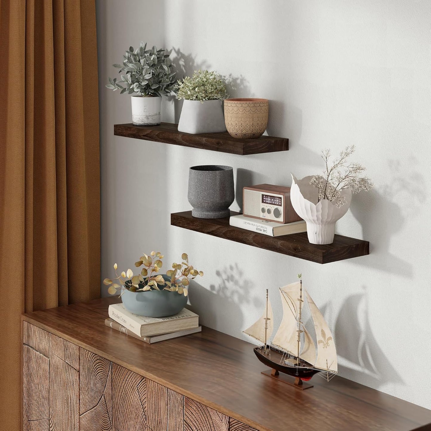 Rustic 30" Floating Shelves, Real Elm Wood Floating Shelf for Wall, Heavy-Duty Wall Shelves for Books, Wooden Floating Shelves with Invisible Bracket for Bathroom, Kitchen, Walnut Color, Set of 2