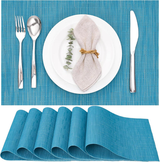 Myir JUN Placemats Set of 6, Vinyl Woven Placemats Place Mats Indoor Washable Table Mats Non-Slip Place mats for Dining Table (Blue, Set of 6)