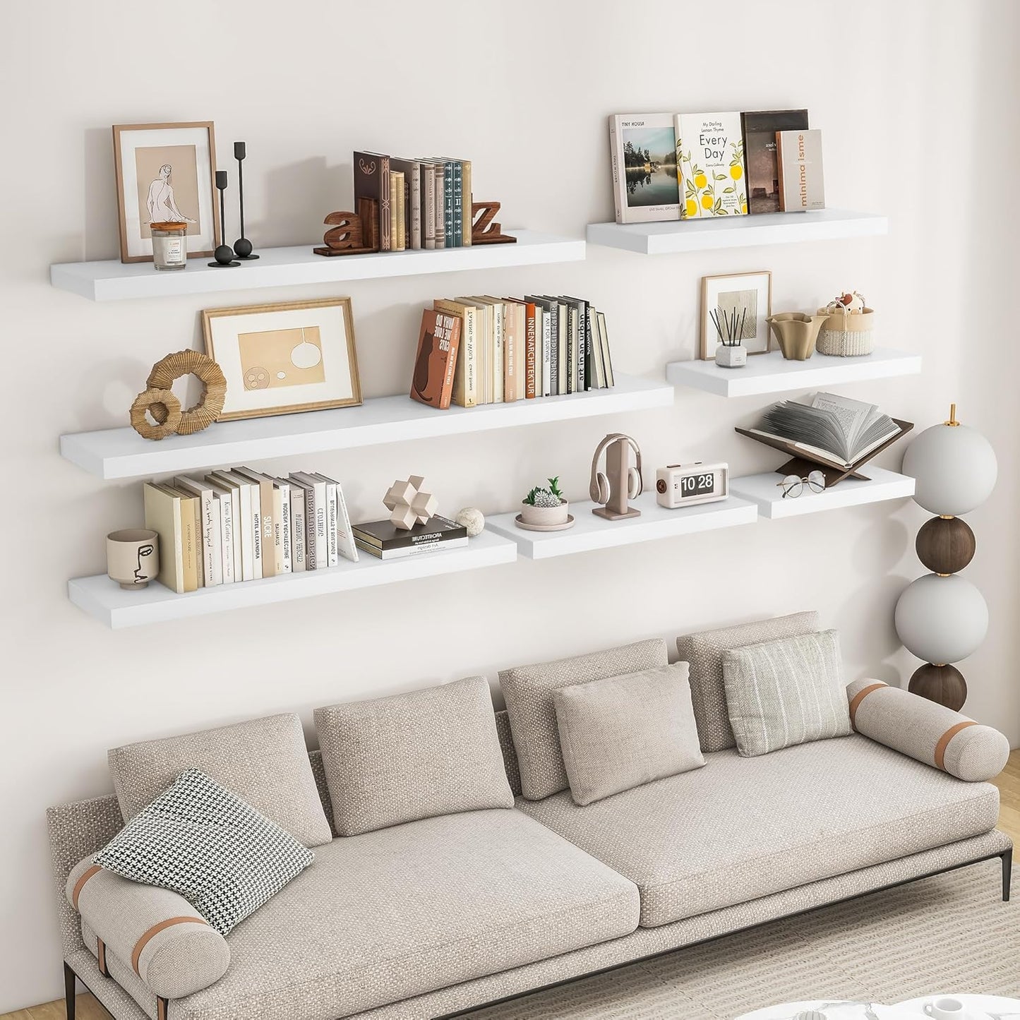 RICHFOCUS 24Inch Floating Shelves for Wall 2 Pack Shelves for Bedroom|Kitchen|Bathroom Wall Mounted Rustic Wood Floating Shelf with Invisible Brackets for Books|Storage|Decor, White