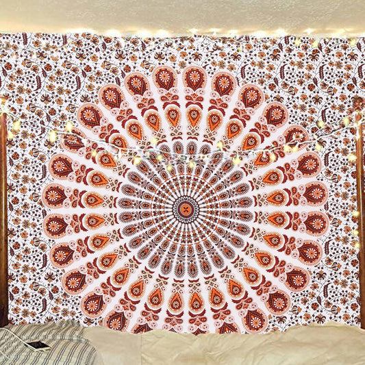 Bless International Handmade Indian hippie Bohemian Psychedelic Peacock Mandala Wall hanging College Dorm Beach Throws Table Cloth Bedding Tapestry (Orange Brown, Poster(30x40Inches)(76x101cms))