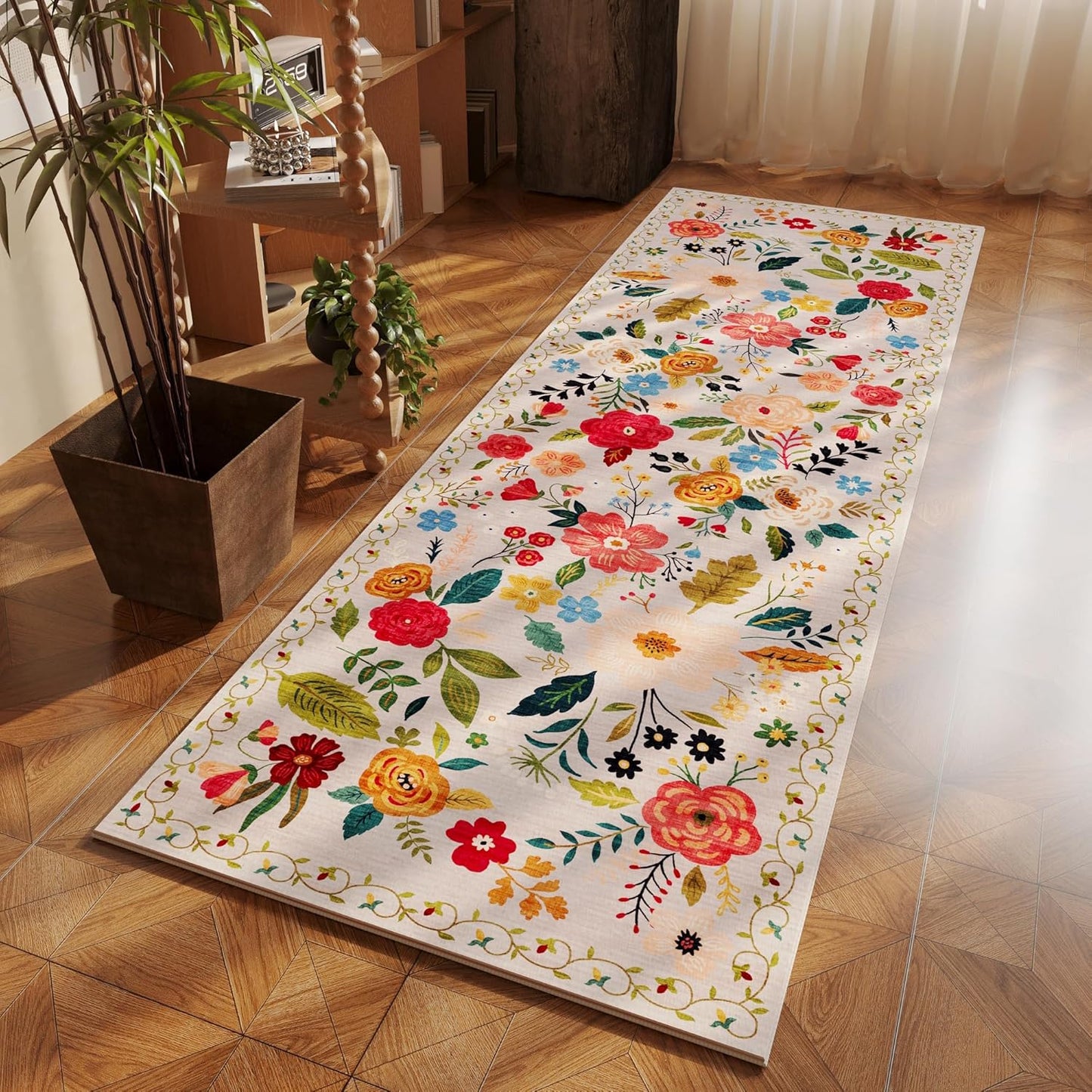Runner Rug for Hallways Kitchen Rug Non Slip 2'x 6' Washable Rugs with Rubber Backing Soft Floral Carpet Runner for Hallways, Kitchen, Laundry, Bedroom, Bathroom(Beige)