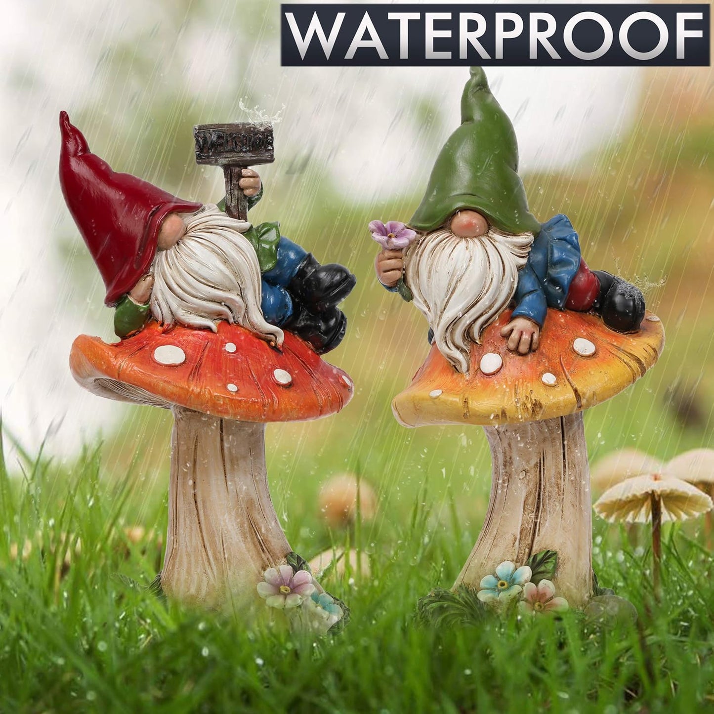 TERESA'S COLLECTIONS Garden Gnomes on Mushroom, Set of 2 Cute Resin Gnome Statues for Yard, Outdoor Patio Porch Lawn, Ideal Gift for Dad Mom Birthday, Outside Decor Housewarming Gifts