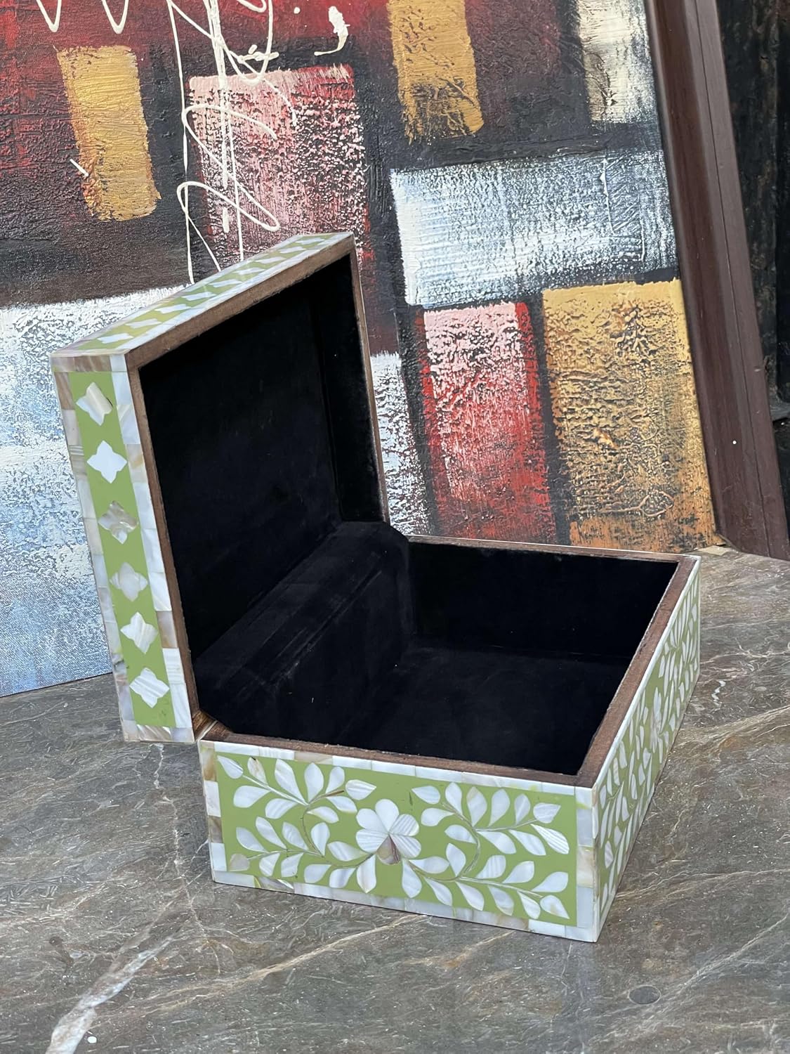 Decorative Storage Box Of Mother Of Pearl Inlay Floral Design Wooden Storage Box For Home Decoration For Living Dining & Bedroom (Olive Green_12x8x5 inch)