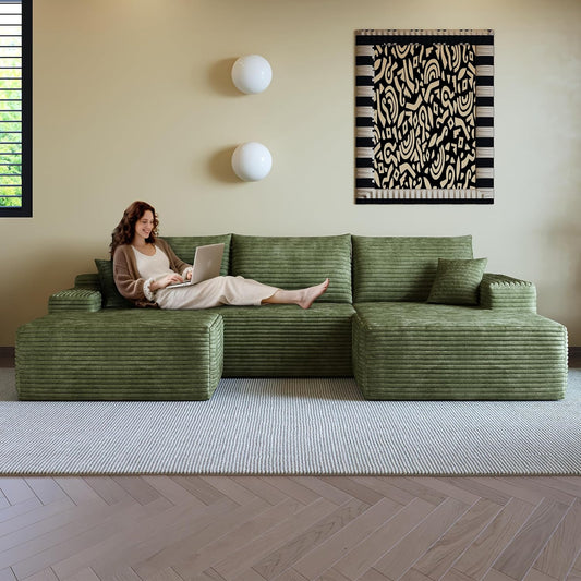 108" Sectional Couches for Living Room Modern Modular Sofa with L-Shape Couchs Upholstered Boneless Couch Deep Seat Sectional Couch with Chaise (Green, Right Facing Chaise+2Seaters+1Ottoman)