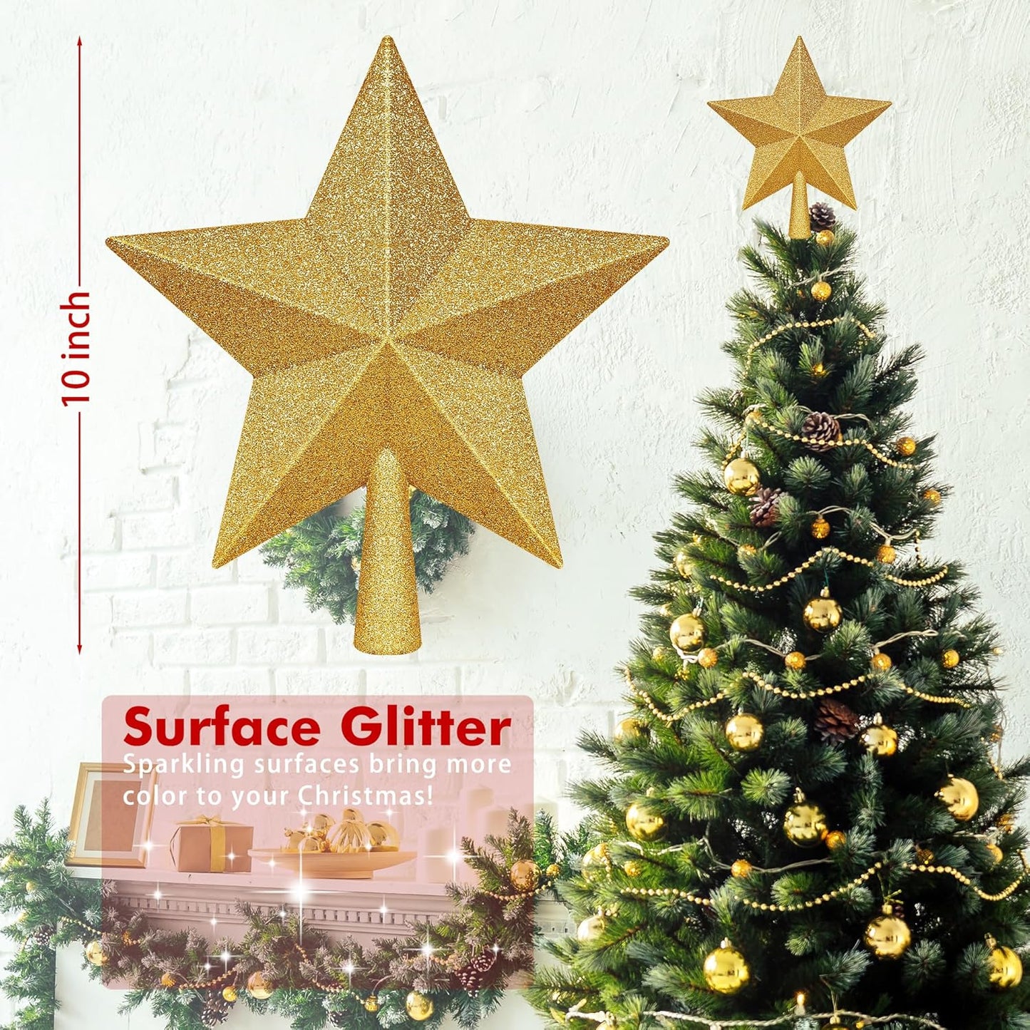 Christmas Tree Topper, 1PCS 10" Gold Glitter Star Tree Topper, Large Xmas Shatterproof Mini Bethlehem Star Tree Topper Decorations, Waterproof Christmas Decor for Holiday Home Outdoor Ornament