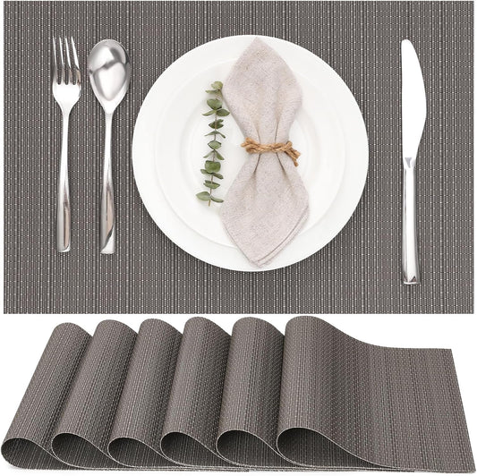 Myir JUN Placemats Set of 6, Vinyl Woven Placemats Place Mats Indoor Washable Table Mats Non-Slip Place mats for Dining Table (Dark Gray, Set of 6)
