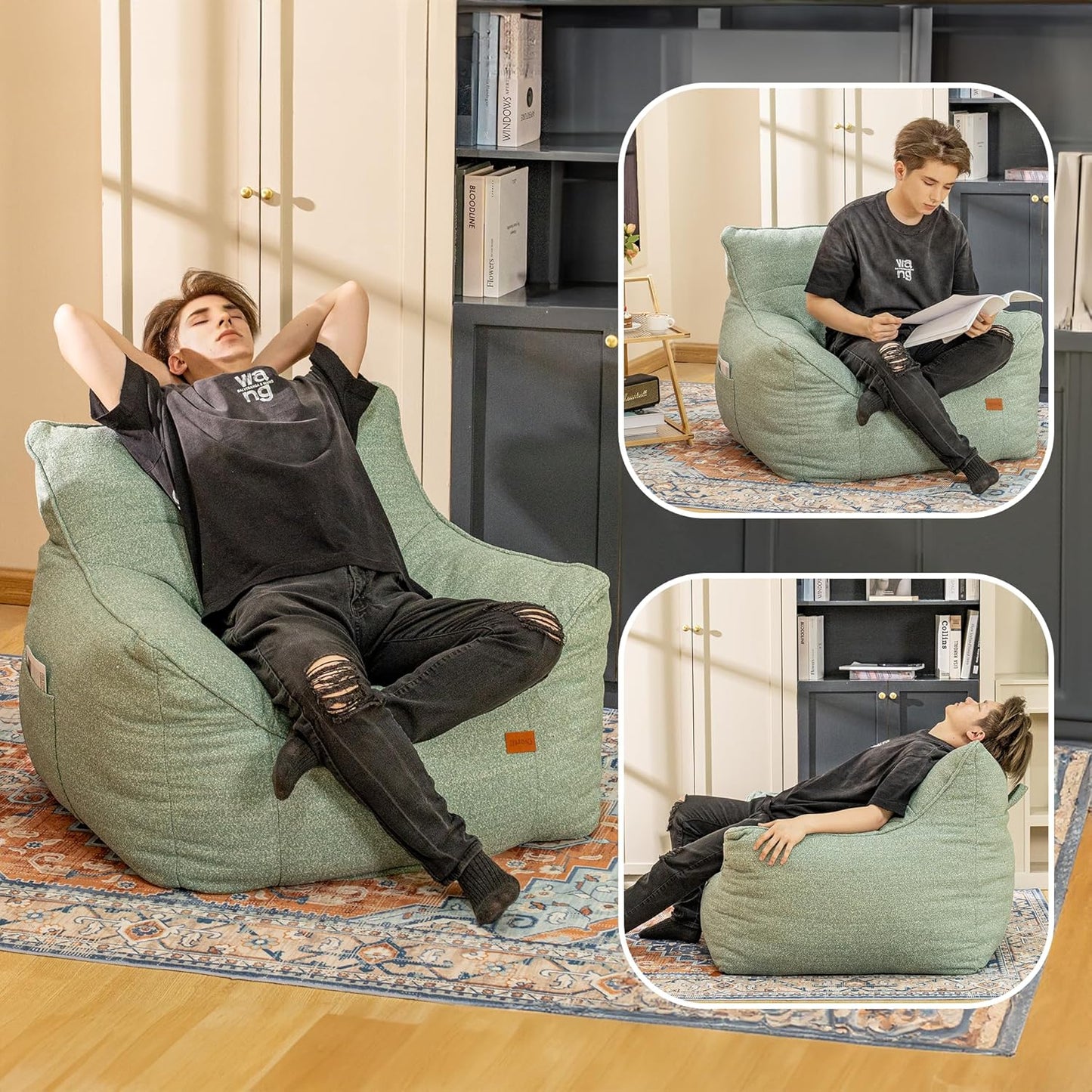 Bean Bag Chair for Adults, Comfy Tufted Bean Bag Chair Sofa with Armrests, Lazy Beanbag Chair with Foam Filler Stuffed Bean Bag Couch Sofa for Reading in Bedroom, Living Room and Dorms