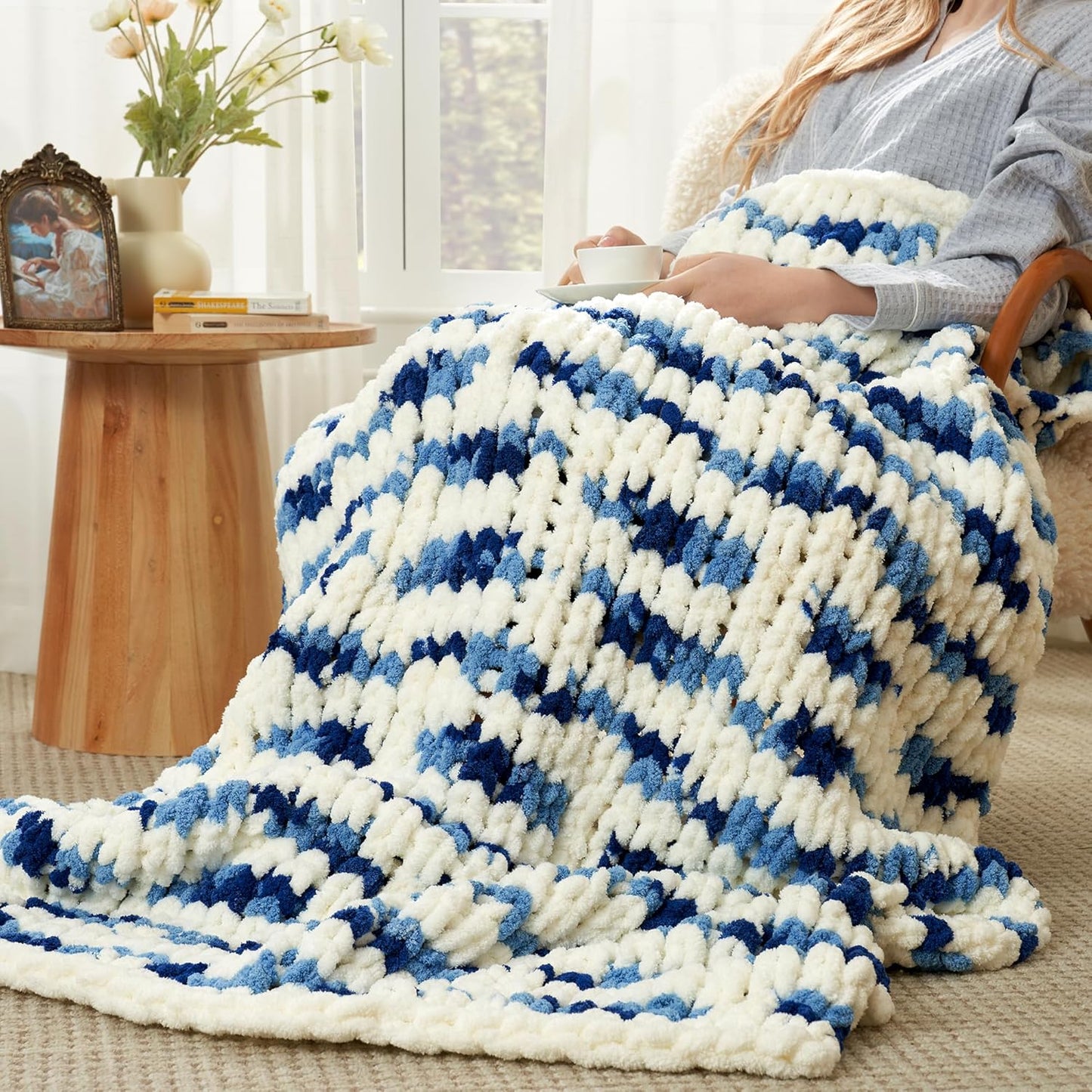 Amélie Home Chunky Knit Throw Blanket for Couch, Soft Chenille Crochet Blanket for Sofa, 50"x60", Space-Dyed Blue Striped