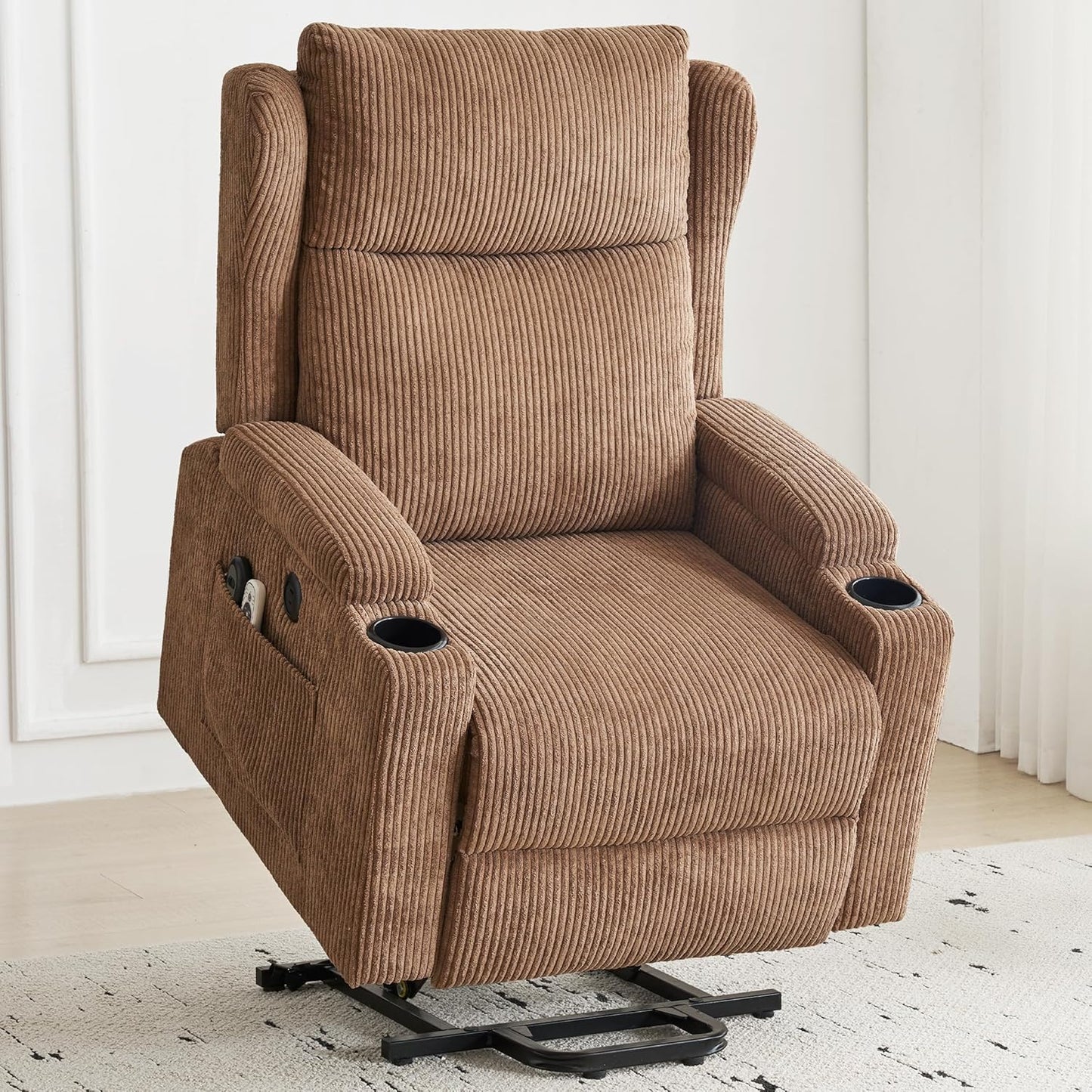 Lift Recliner Chair for Adults with Massage and Heating, Power Lift Recliner Chairs for Elderly, Corduroy Fabric Reclining Chair with USB &Type-C Port, Cup Holders, L6111 (Brown)