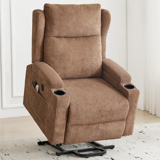 Lift Recliner Chair for Adults with Massage and Heating, Power Lift Recliner Chairs for Elderly, Corduroy Fabric Reclining Chair with USB &Type-C Port, Cup Holders, L6111 (Brown)