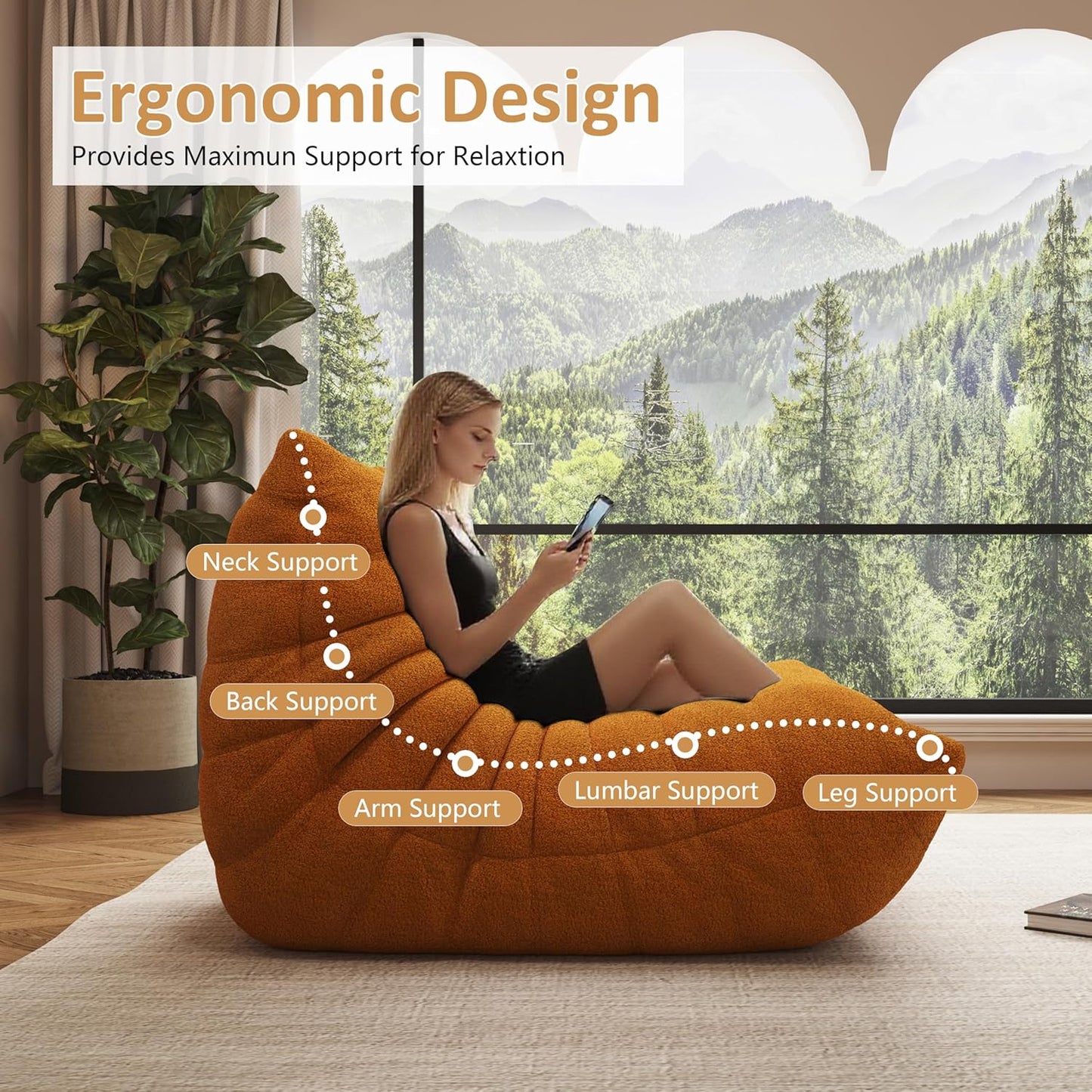 Bean Bag Chair, Oversized Loveseat Fireside Chair for Adults, 2 Seater with Memory Foam Filled, Lazy Sofa Lounge Floor Sofa for Living Room, Bedroom, Office, No Assembly Required. (Yellow)