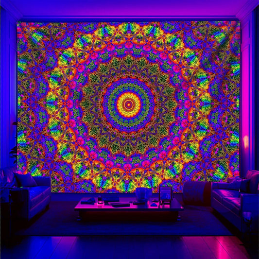 PSYHILAR Blacklight Mandala Boho Tapestry, Black Light Bohemian Hippie Poster for Adults and Teens, Aesthetic Colorful UV Reactive Wall Art Decor for Bedroom (40 x 30 Inches)