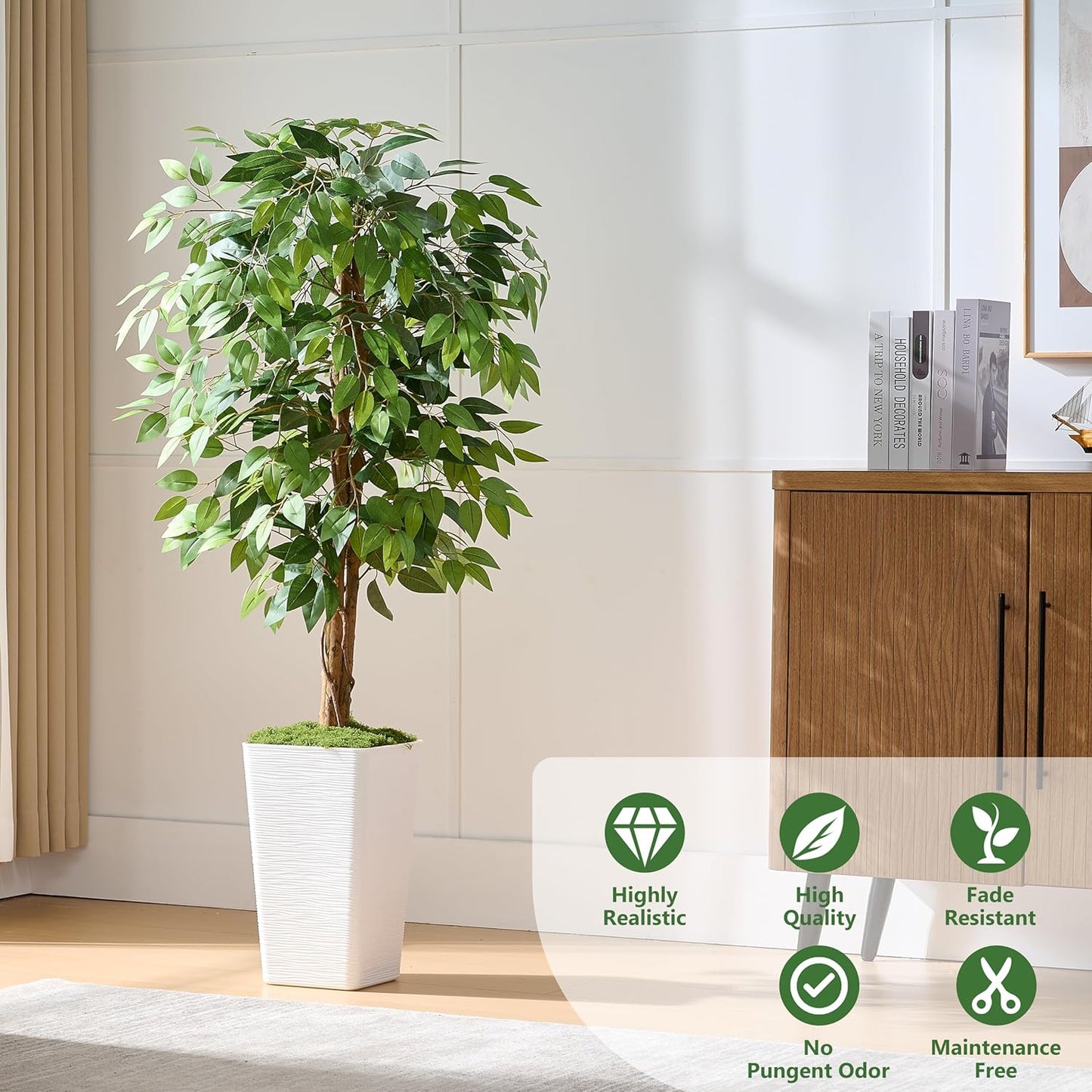 Artificial Ficus Tree 5FT Faux Floor Tree with Planter UV Resistant Potted Fake Silk Plant, Real Wood Trunk-Indoor Outdoor Lifelike Fake Ficus Tree for Home, Living Room Bedroom Topiary Tree