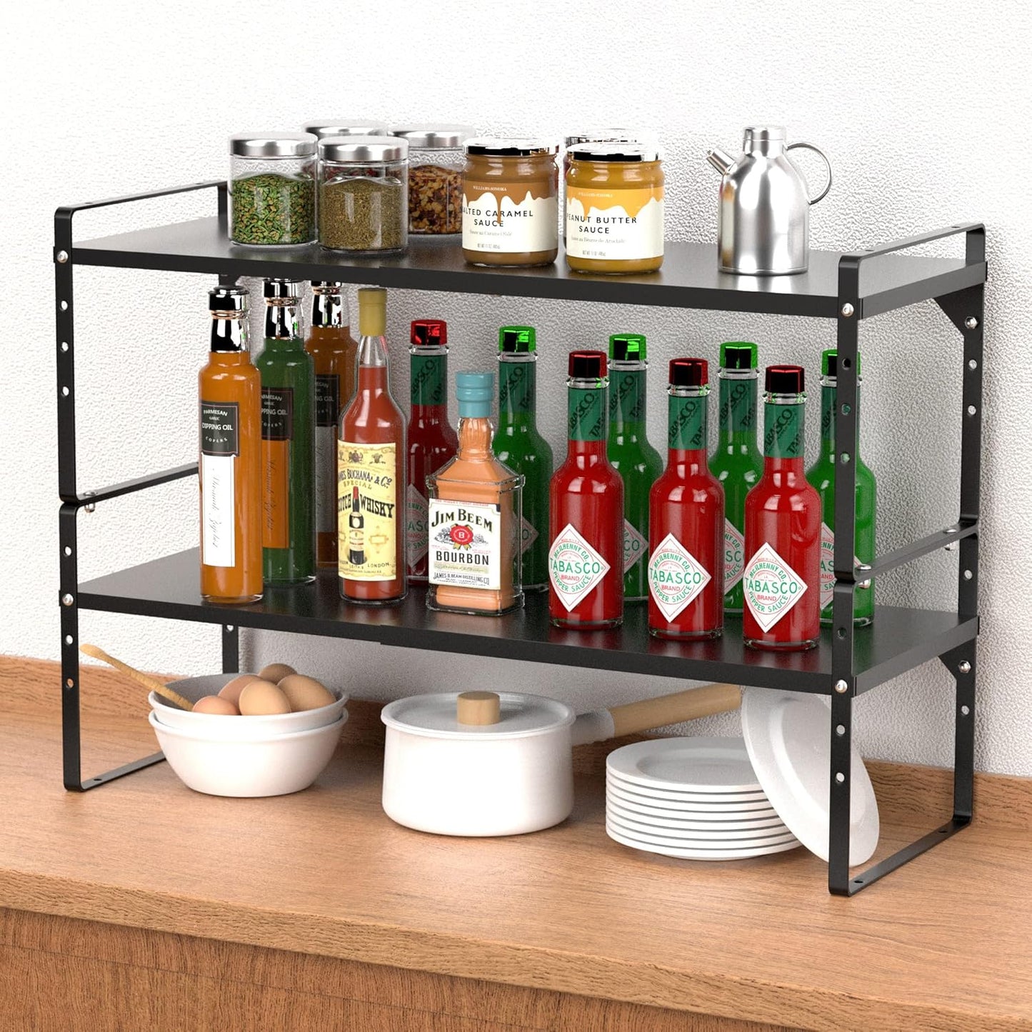 iPEGTOP 2 Pack Expandable Cabinet Storage Shelf Organizer Rack, Heavy Duty Steel Metal Spice Rack Adjustable Height Office Garage Pantry Shelf Space Riser for Counter Kitchen Organization, Black