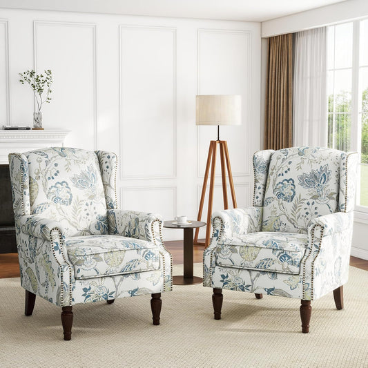 UIXE High Back Floral Accent Chairs Set of 2, Upholstered Armchair in Fabric, Retro Printed Wingback Arm Chair for Living Room, Nailhead Trim Single Sofa Bedroom Reading Seat - Plants Blue
