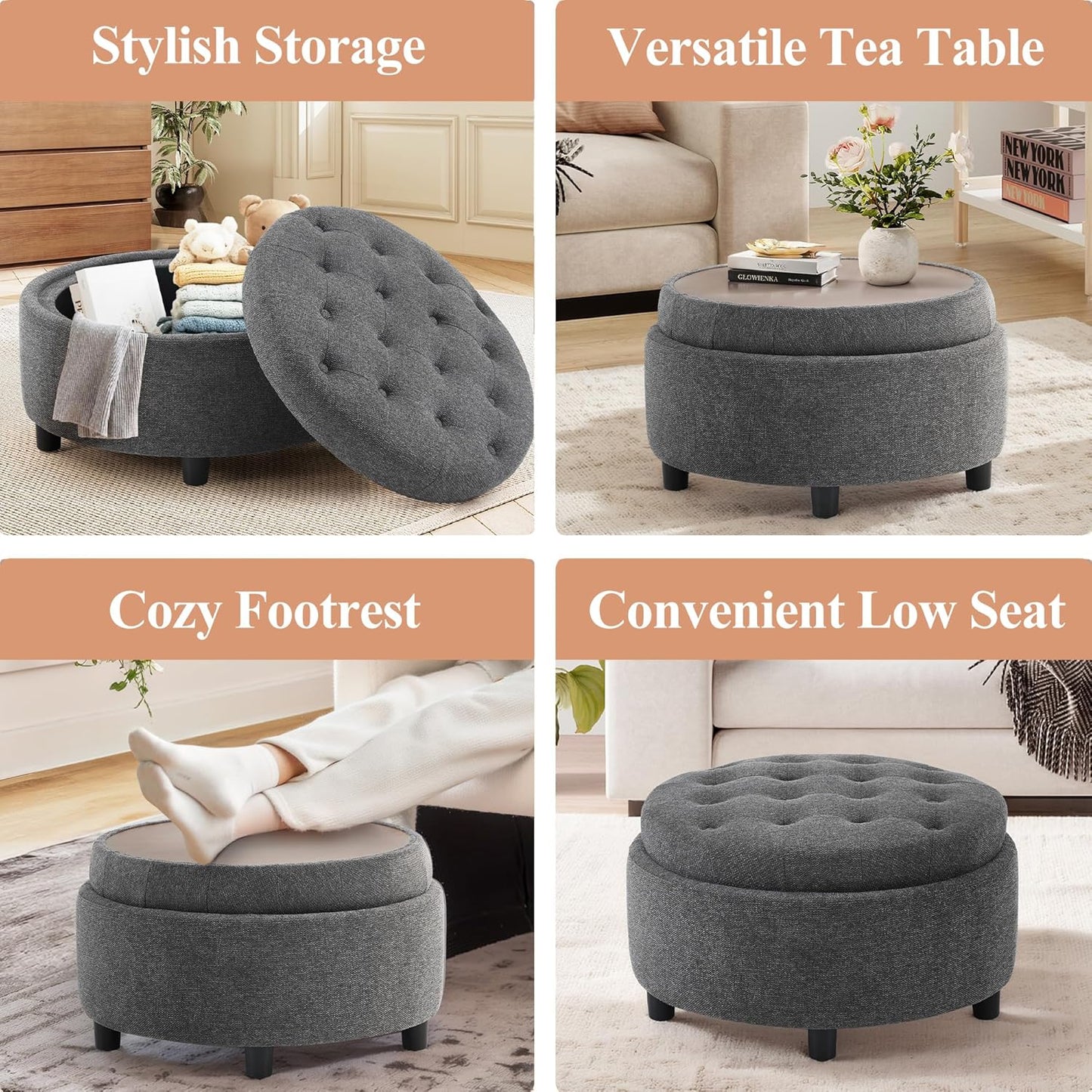 COLAMY Fabric Round Storage Ottoman with Reversible Tray Lid – Multi-Functional Footrest, Hidden Storage, Sturdy & Stylish Small Coffee Table for Living Room, Bedroom, or Entryway(Dark Grey)