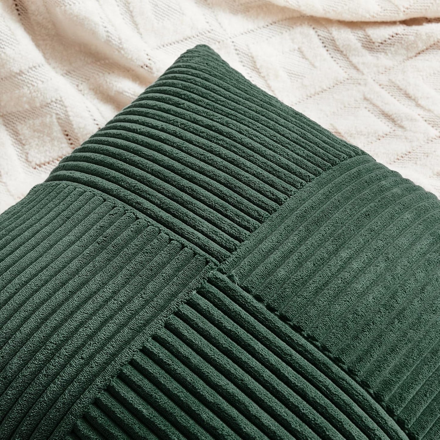 Fancy Homi Set of 2 Dark Green Decorative Throw Pillow Covers 24x24 Inch for Bedroom Couch Bed, Boho Farmhouse Forest Green Home Decor, Soft Corss Corduroy Patchwork Textured Cushion Case 60x60 cm