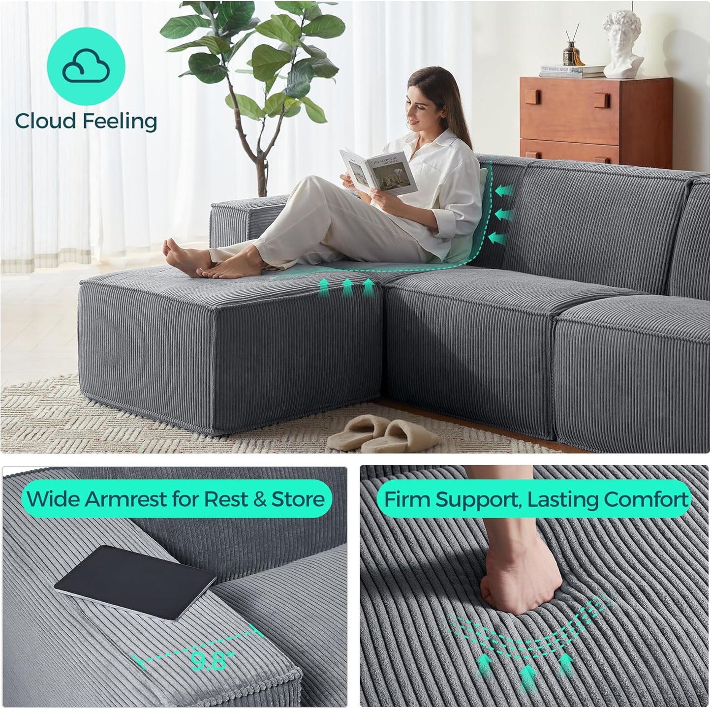 LINSY HOME Oversized Modular Sectional Sofa, 105" Cloud Couch L Shaped 3-Seat Sofa with Ottoman, Corduroy Deep Seat Modular Couches for Living Room, No Assembly Required, Bluish Grey