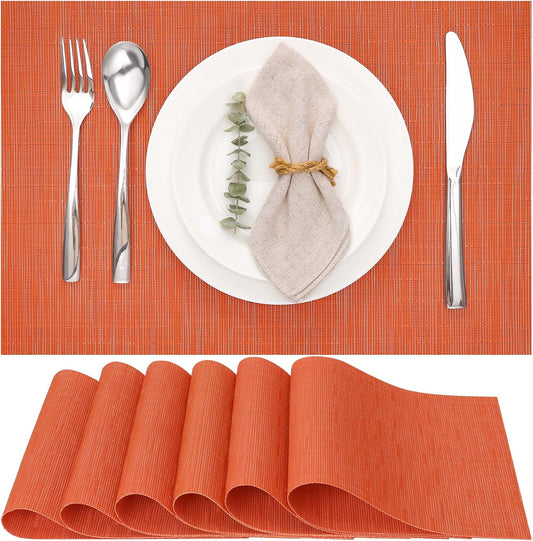 Myir JUN Placemats Set of 6, Vinyl Woven Placemats Place Mats Indoor Washable Table Mats Non-Slip Place mats for Dining Table (Orange, Set of 6)