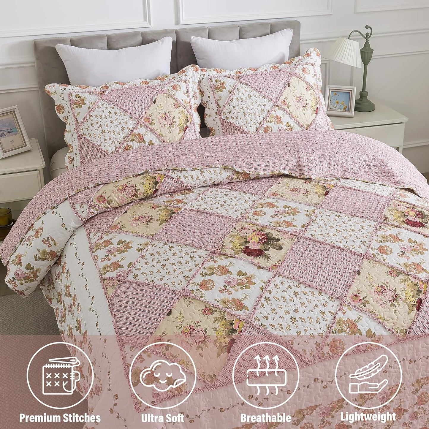 NEWLAKE Quilt Set King Size, Bedspread Sets Pink Botanical Floral, Reversible Quilt Bedding Set Lightweight and Breathable for All Seasons, Soft Quilted Bedspread with 2 Pillow Shams