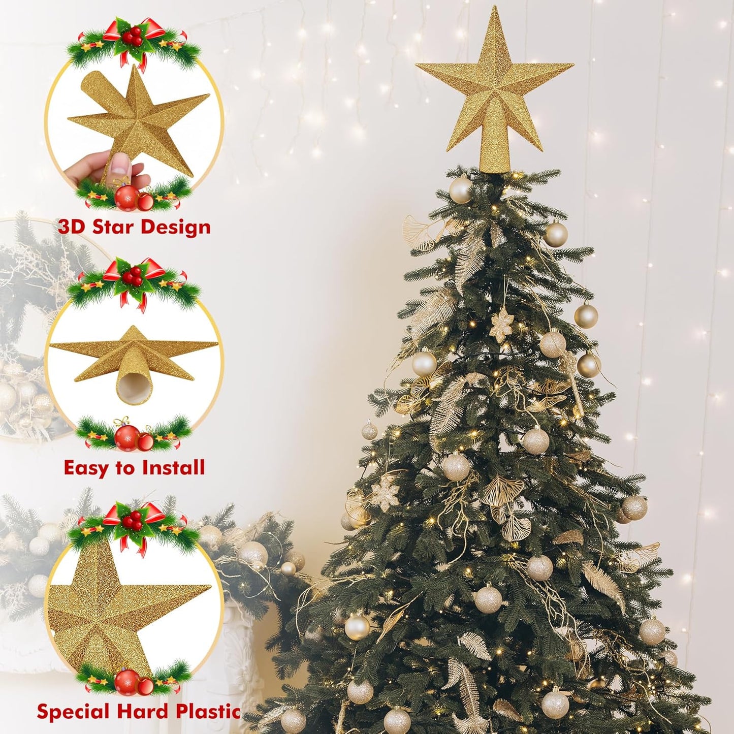 Christmas Tree Topper, 1PCS 6" Gold Glitter Star Tree Topper, 3D Xmas Shatter-Proof Mini Bethlehem Star Tree Topper Decorations, Waterproof Christmas Decor for Holiday Home Outdoor Ornament
