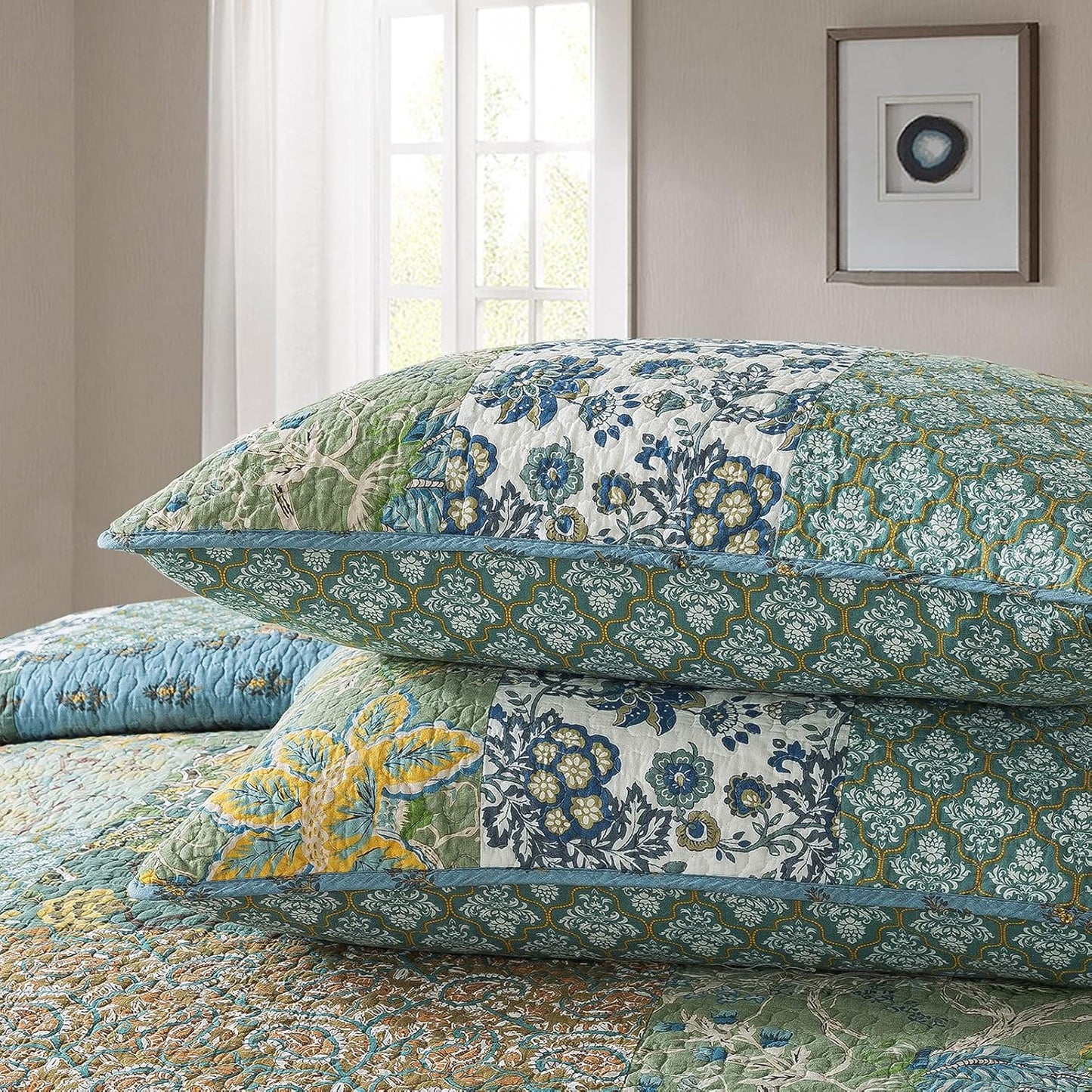 NEWLAKE Cotton Patchwork Bedspread, 3-Piece Bedding Quilt Set with Real Stitched Embroidery, Reversible Matelasse Bed Coverlet Set,Green Farmhouse Garden,Twin Size
