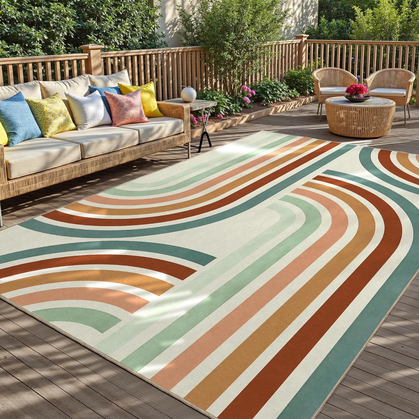 Indoor Outdoor Area Rug, Mid Century Modern Multicolored Outdoor Patio Rug,Washable Abstract Art Rainbow Rugs Non-Slip Carpet for Camping, Bedroom, Deck(8x10)