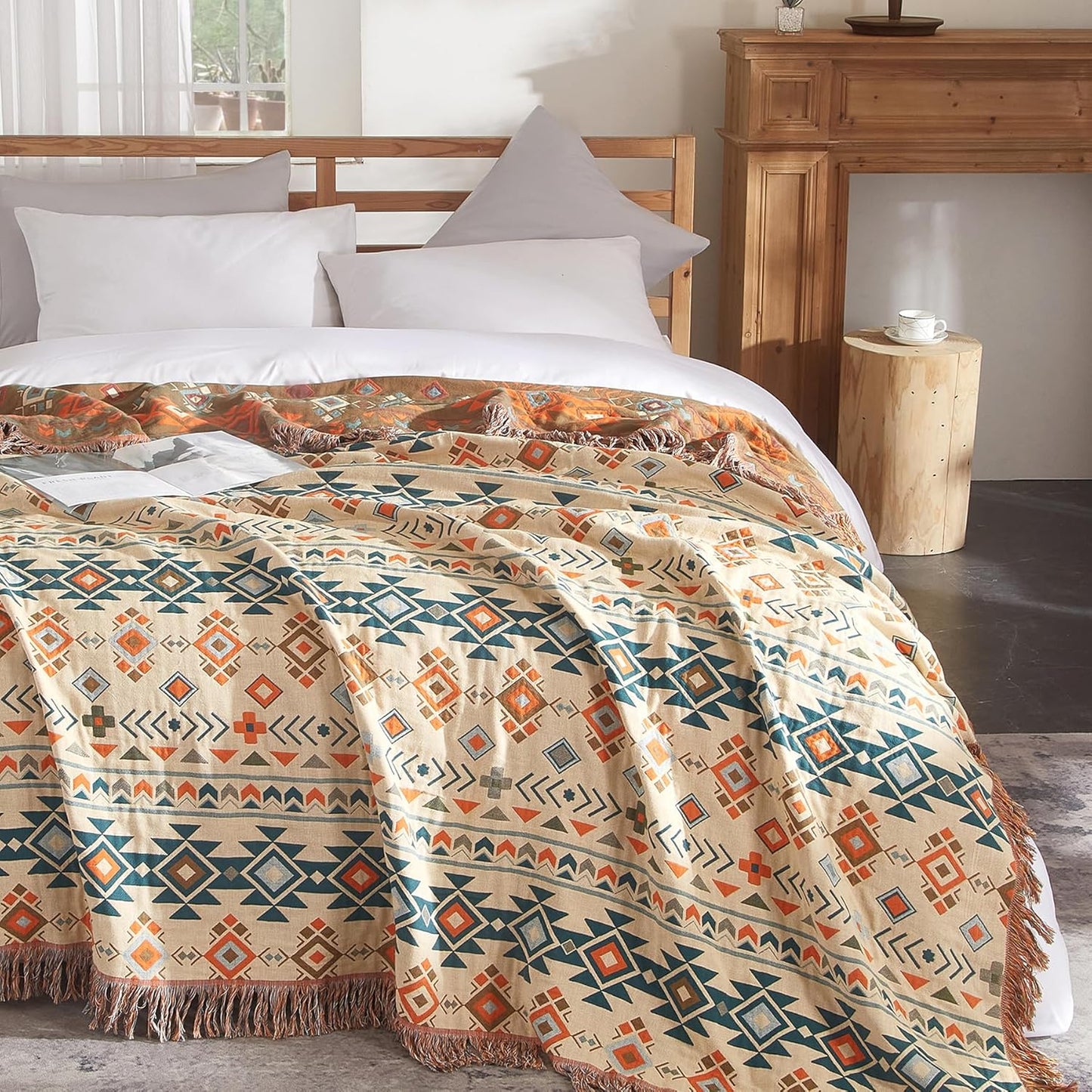 Boho Throw Blanket for Couch Sofa Bed, 100% Cotton Woven Quilt with Tassel 60”x80”, Super Soft Muslin Blanket with Patchwork Printed, Decorative Reversible Bed Blanket/Cover for All Seasons