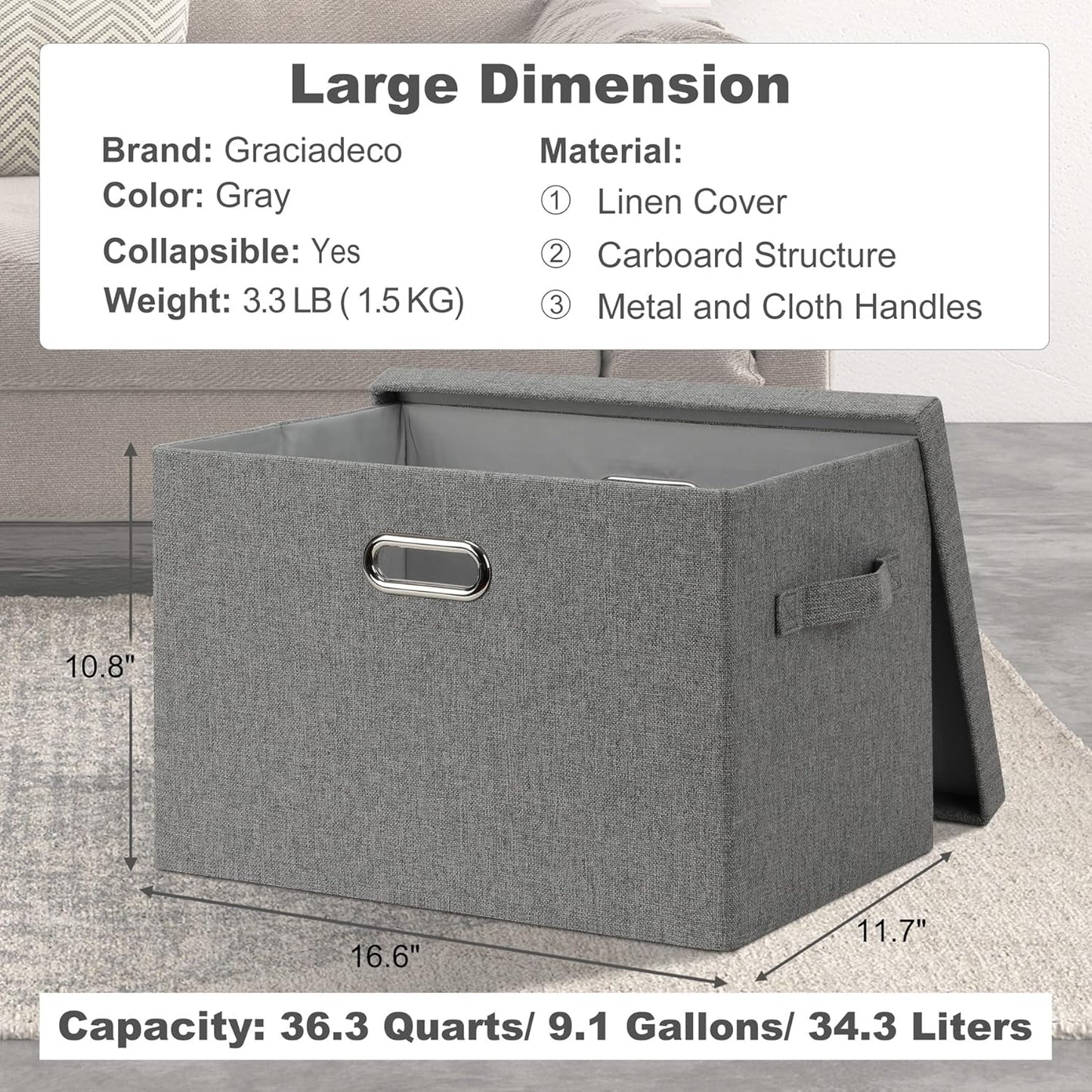 Large 17" 36 Quart Collapsible Stackable Storage Bins with Lids, 5 Packs Gray Foldable Fabric Closet Storage Boxes with Lids, Heavy-duty Linen Cube Baskets(17 x 12 x 11)