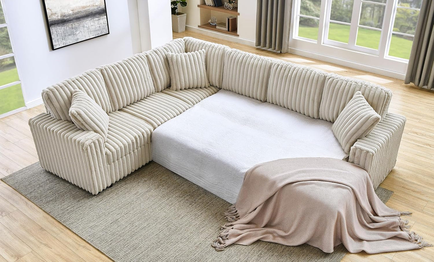 THSUPER 122-Inch Oversized U Shaped Plush Corduroy Fluffy Sectional Sleeper Sofa with Pull Out Bed, Storage Chaise Lounge and USB Charging Port - Beige