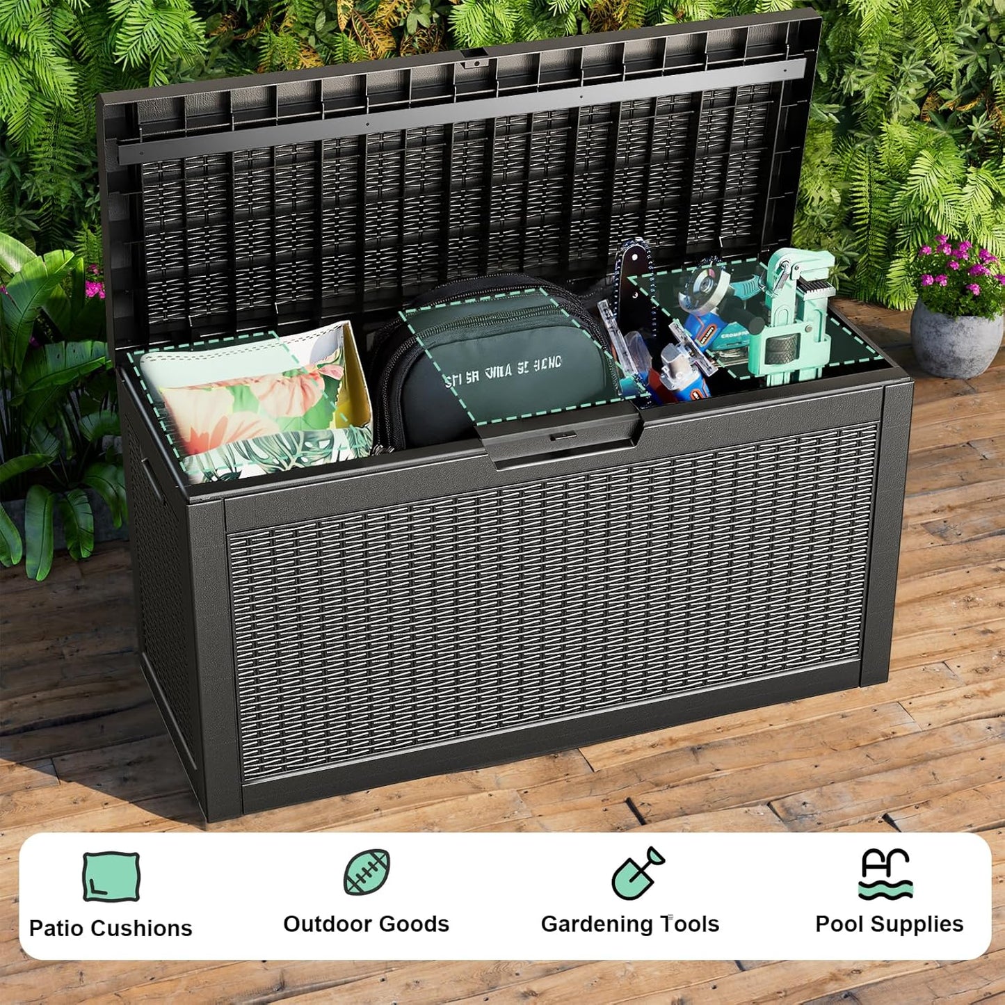 DRATO 60 Gallon Deck Box, Waterproof Resin Large Outdoor Storgae Box for Patio Furniture, Patio Cushions, Gardening Tools, Pool and Sports Supplies, Lockable