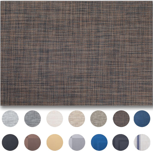 Placemats Set of 12 - Easy Clean Woven Vinyl Placemats for Dining Table, Indoor/Outdoor Place Mats, Washable PVC Table Mats（Black/Brown）