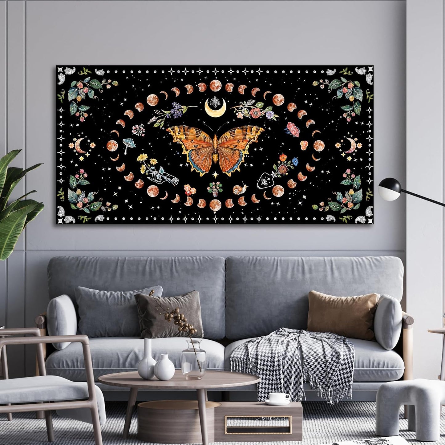 Large Canvas Wall Art Boho Wall art Decor Canvas Art Wall Decor Pictures for Living Room Vintage Butterfly Wall Art Decorations Large Artwork for Walls Moon Flower Home Office Wall Decor 29"X58"