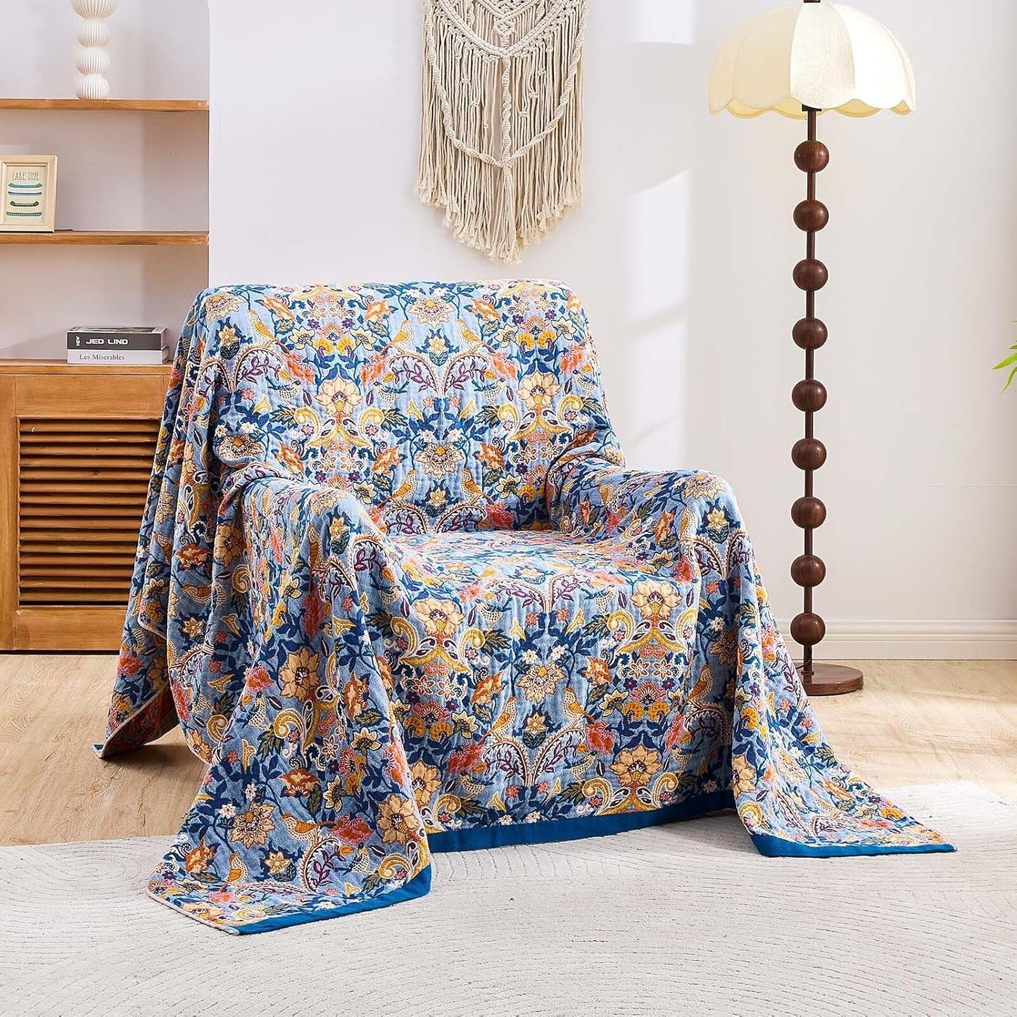 Boho Throw Blanket for Bed, 100% Cotton Soft Rustic Quilt Fall Blanket, 50"x60" Floral Printed Farmhouse Decor Bed Blankets, All Season Rustic Reversible Bohemian Throw Quilt