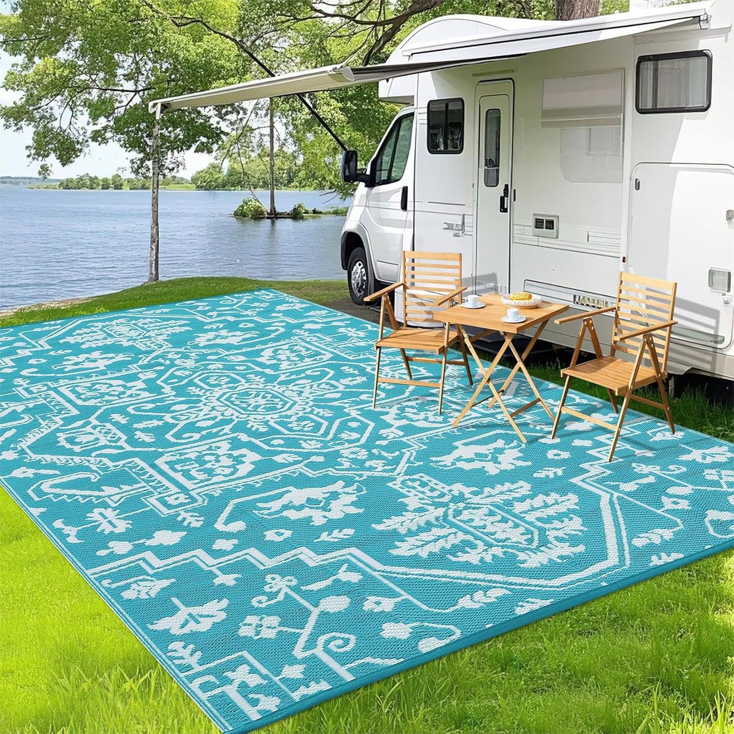 Waterproof Outdoor Rug 9x18 Reversible Plastic Straw Patio Rug, Stain-Resistant Vintage Medallion Carpet, Large Indoor Outdoor RV Mat for Deck, Camping, Balcony, Light Blue/White