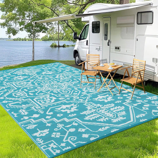 Waterproof Outdoor Rug 9x18 Reversible Plastic Straw Patio Rug, Stain-Resistant Vintage Medallion Carpet, Large Indoor Outdoor RV Mat for Deck, Camping, Balcony, Light Blue/White