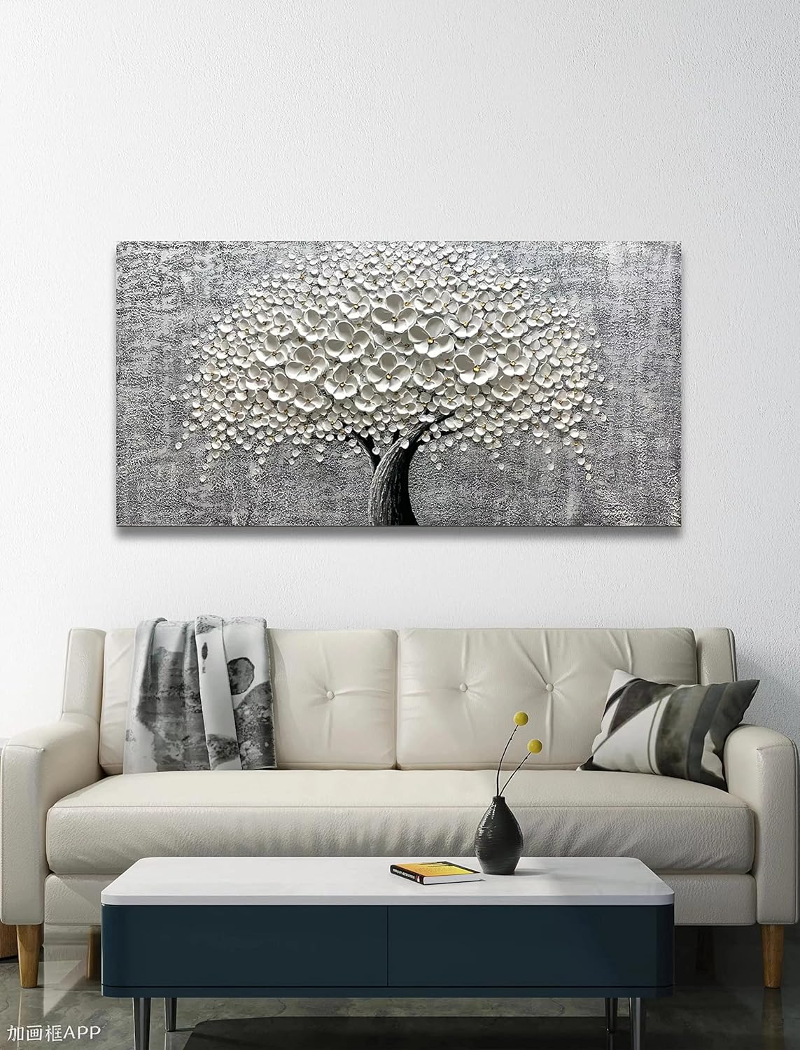 Yika Art - 24x48 Inch 3D White Flower Painting Abstract Textured Knife Platte Acrylic on Canvas 3D Flowers Tree Painting Ready to Hang
