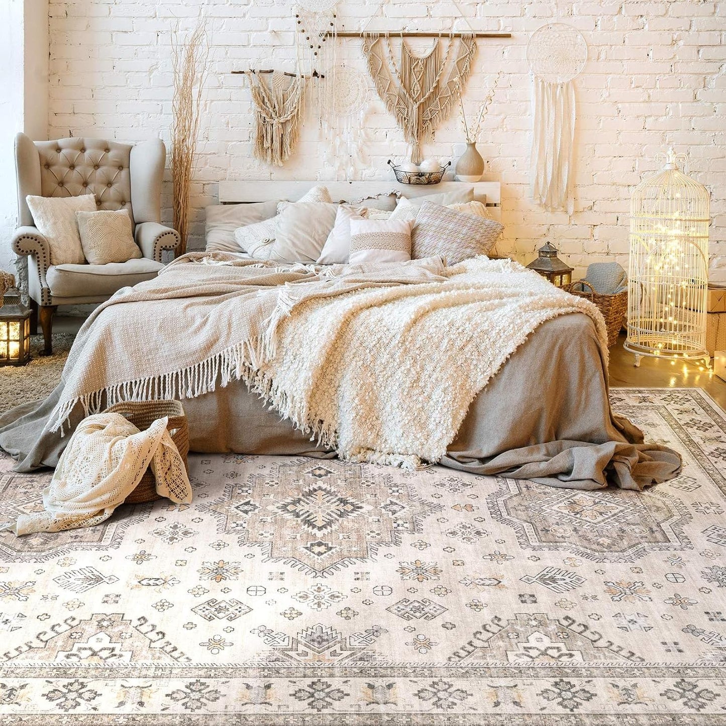 Washable Area Rugs for Living Room -9x12 Neutral Vintage Distressed Floral Farmhouse Boho Large Soft Floor Rug Indoor Non Slip Carpet for Living Room Bedroom Dining Room Office -Beige Brown