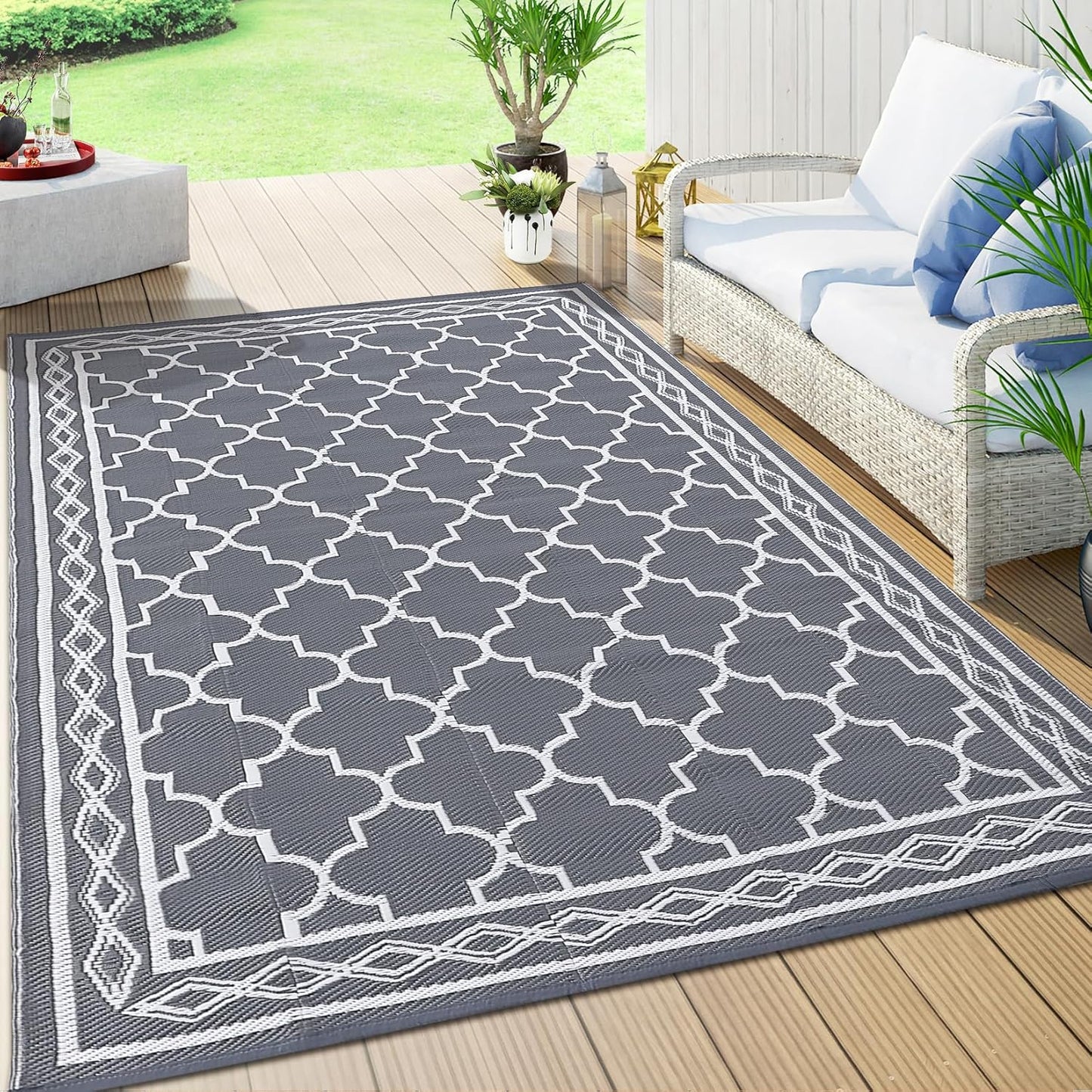 GAOMON Outdoor Plastic Straw Rug, 10'x14' Reversible Sage Green Patio Mat, Flower Modern Design for RV, Backyard, Deck, Camping, Picnic, Grey/White(Geometric)