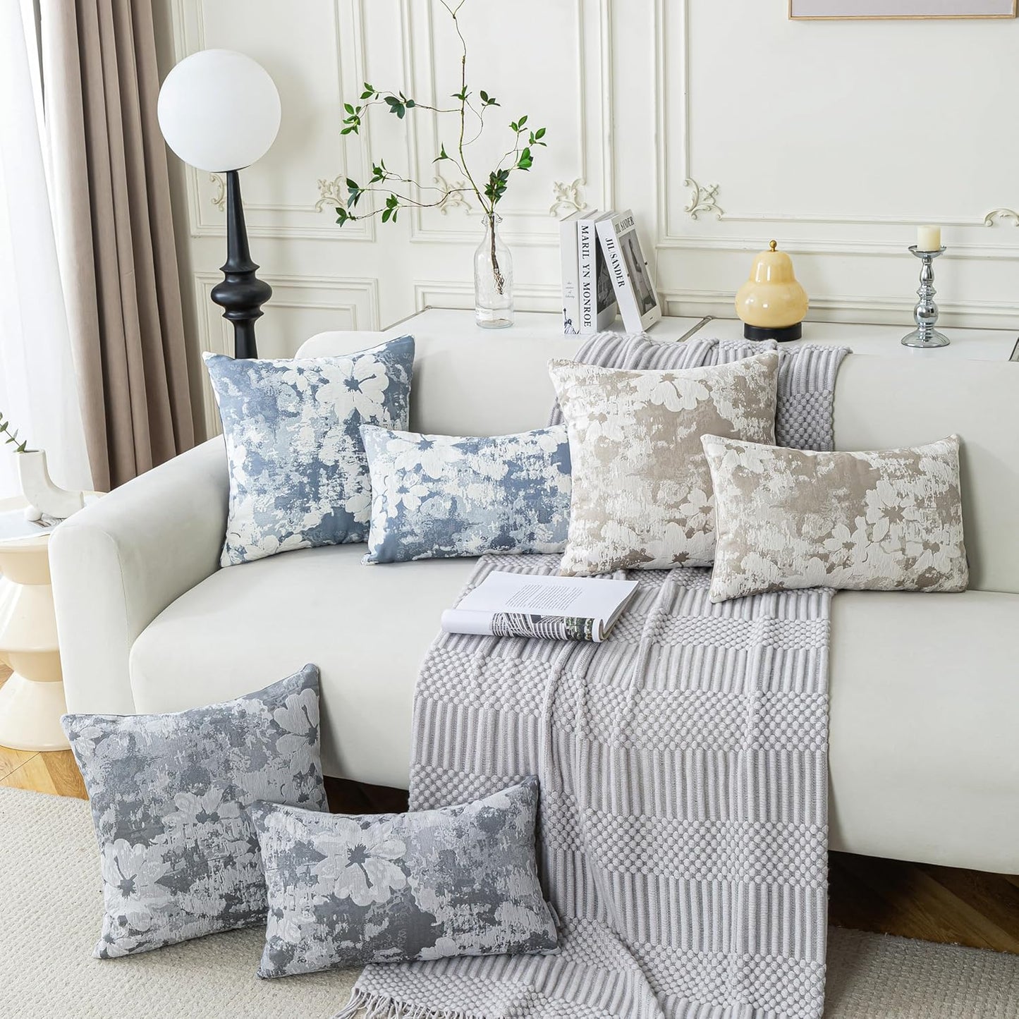 Jacquard Throw Pillow Covers 12x20 Inch Set of 2 - Vintage Floral Boho Pillow Cases with Botanical Pattern | Farmhouse Decor for Couch Living Room | Soft Textured Neutral Trio Slate Gray 12" x 20"