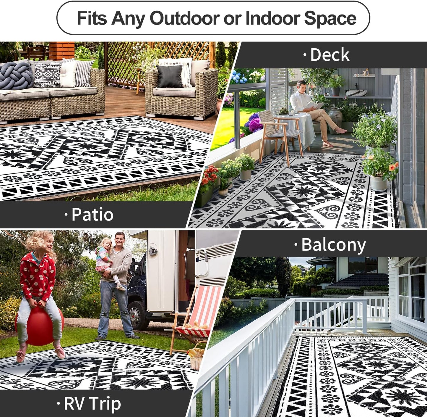 Waterproof Outdoor Rug 6x9ft, Reversible Plastic Straw Mat Rugs for Patio RV Deck Porch Backyard Balcony Camping Picnic Beach Indoor Outdoor Carpet, Black&White