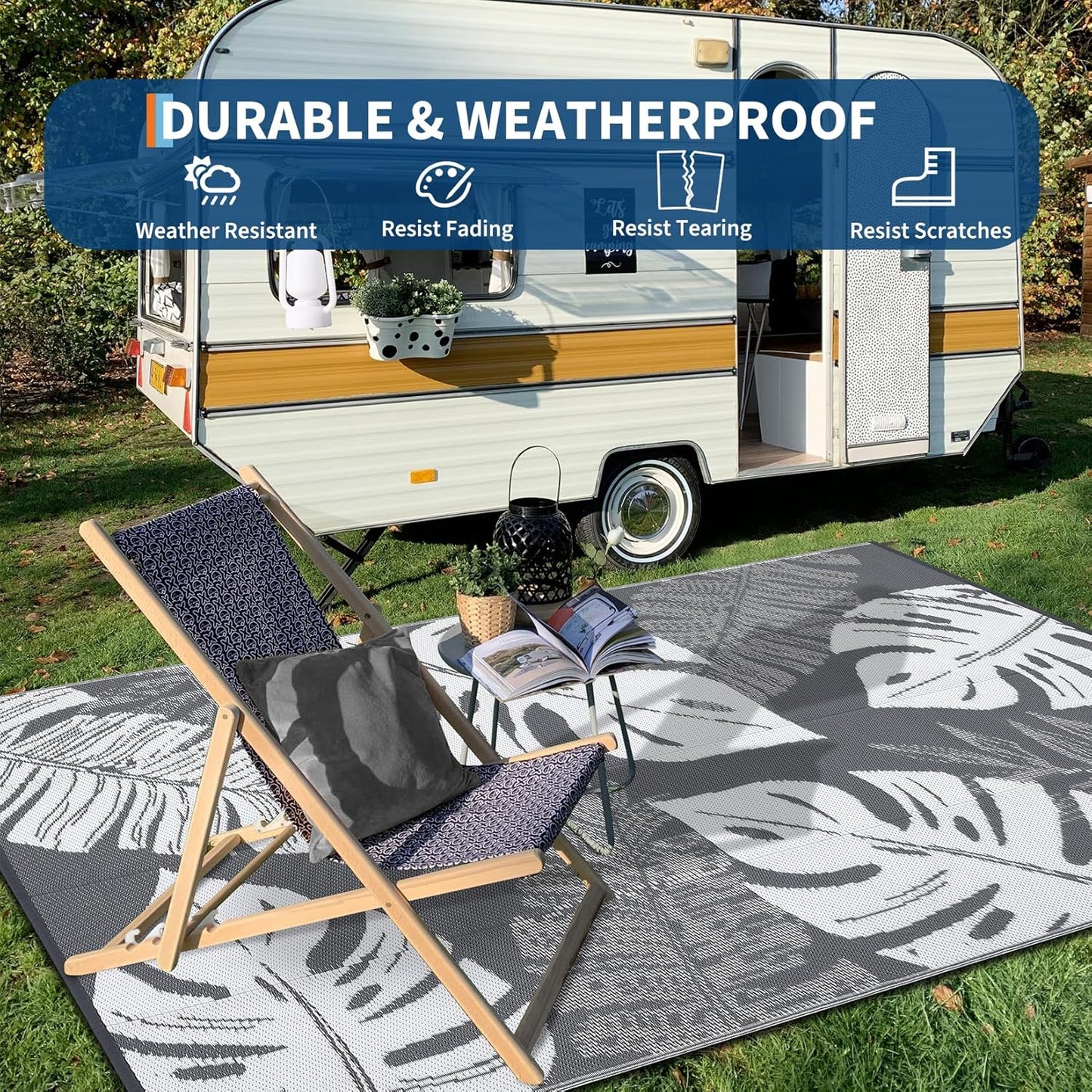 GAOMON Waterproof Outdoor Rug 8x10 Reversible Outdoor Plastic Straw Rug Modern Patio Carpet, Foldable Lightweight RV Camping Mat with Portable Bag & 4 Stakes, UV Resistant & Sturdy for Picnic, Grey