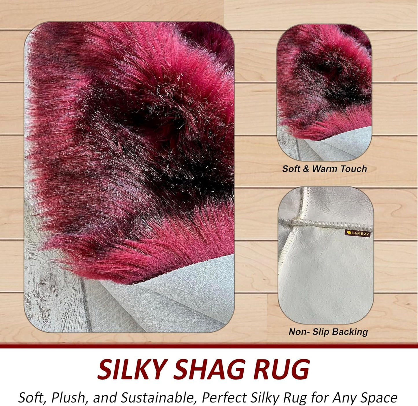 LAMBZY Faux Sheepskin Super Soft Hypoallergenic Free Shape Silky Shag Rug, Luxury Shaggy Plush Carpet for Bedrooms Living Kids Room Sofa Rugs (Burgundy, Sexto 6 Pelts 6'x6')