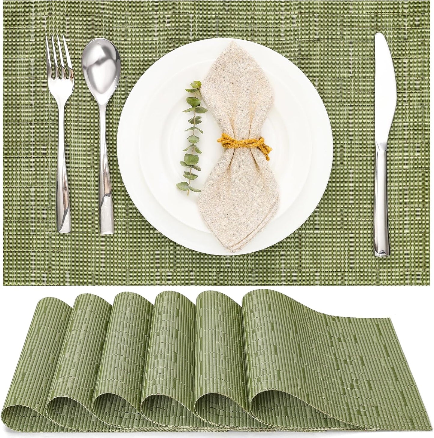 Myir JUN Placemats Set of 6, Vinyl Woven Placemats Place Mats Indoor Washable Table Mats Non-Slip Place mats for Dining Table (Green, Set of 6)
