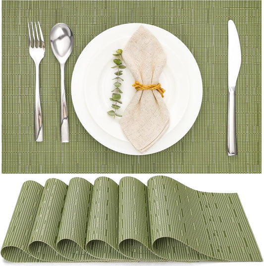 Myir JUN Placemats Set of 6, Vinyl Woven Placemats Place Mats Indoor Washable Table Mats Non-Slip Place mats for Dining Table (Green, Set of 6)