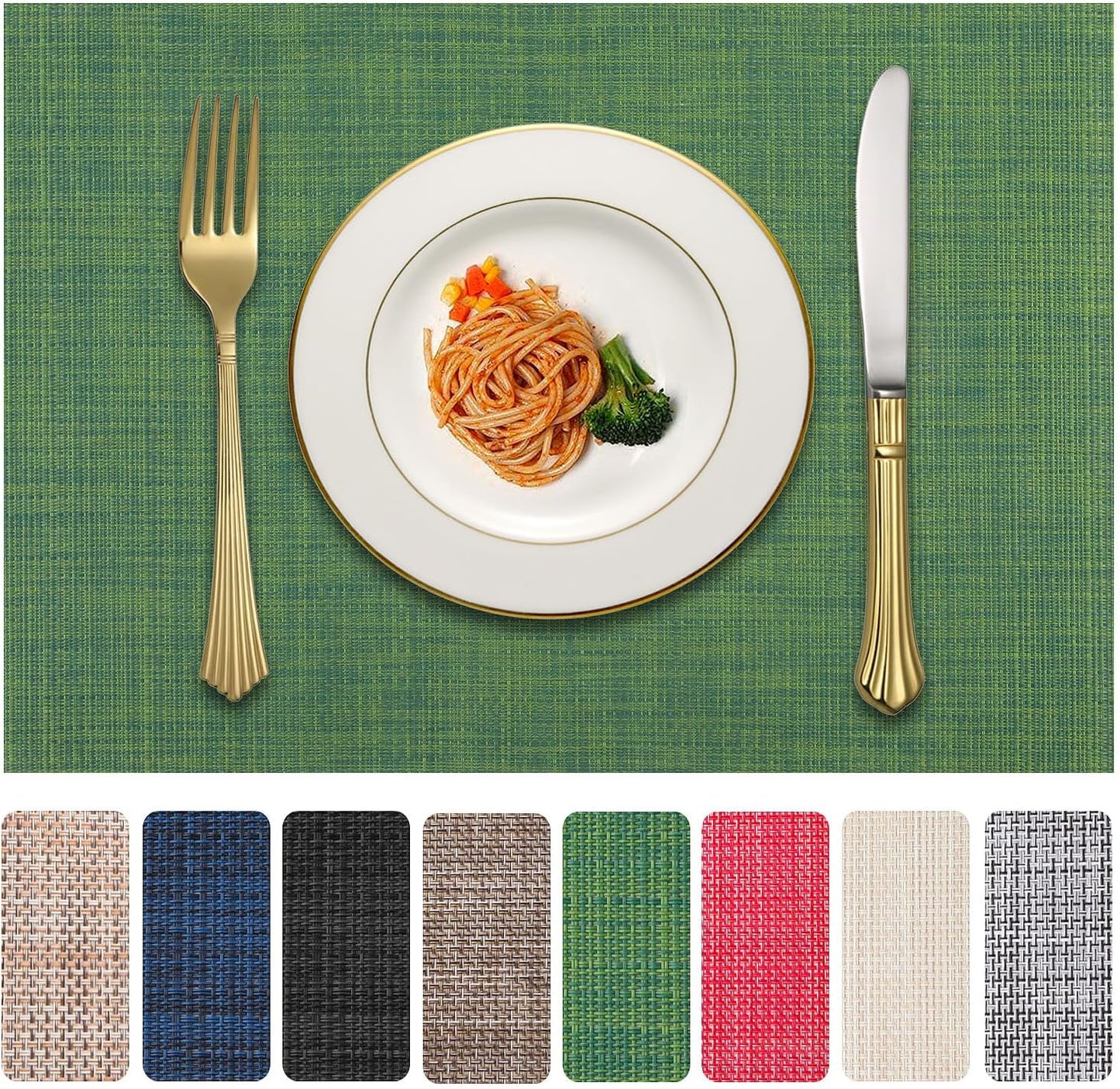 Vinyl Placemats Set of 4, PVC Woven Washable Non-Slip Table Mats, Heat Resistant Wrinkle Free Place Mats for Dining Table, Easy to Clean (4, Green)